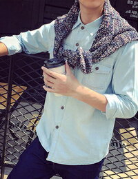 水洗質感丹寧牛仔立領長袖襯衫