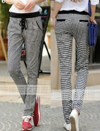 經典格紋鬆緊棉麻長褲