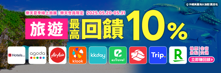 樂天夏季線上旅展,樂天會員限定,旅遊最高回饋10%
